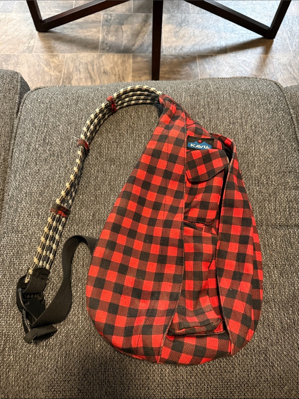 Kavu Red and Black Plaid Rope Sling Bag